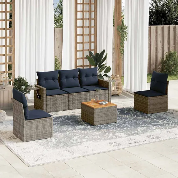 Ensemble de canapé de jardin 6 pcs avec coussins gris résine tressée