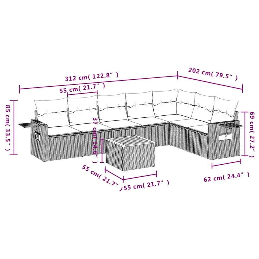 Ensemble de canapé de jardin 8 pcs avec coussins gris résine tressée - 9