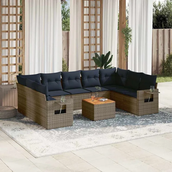 Ensemble de canapé de jardin 10 pcs avec coussins gris résine tressée