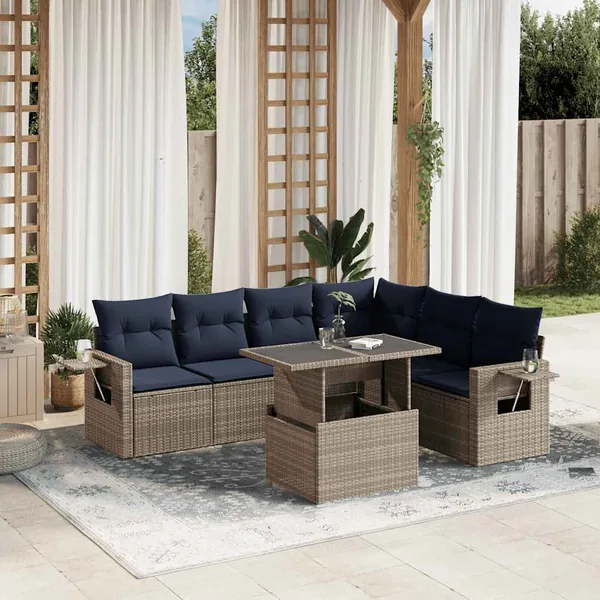 Ensemble de canapé de jardin 7 pcs avec coussins gris résine tressée