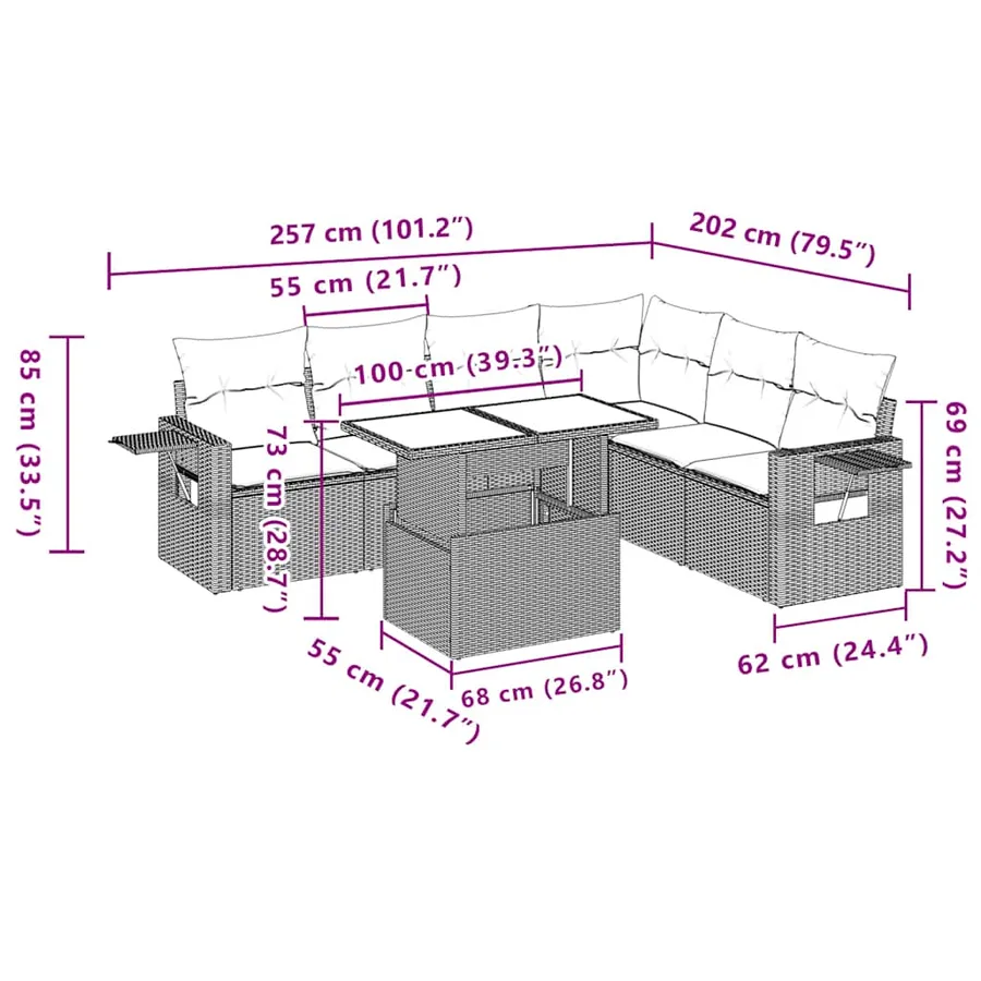 Ensemble de canapé de jardin 7 pcs avec coussins gris résine tressée - 11