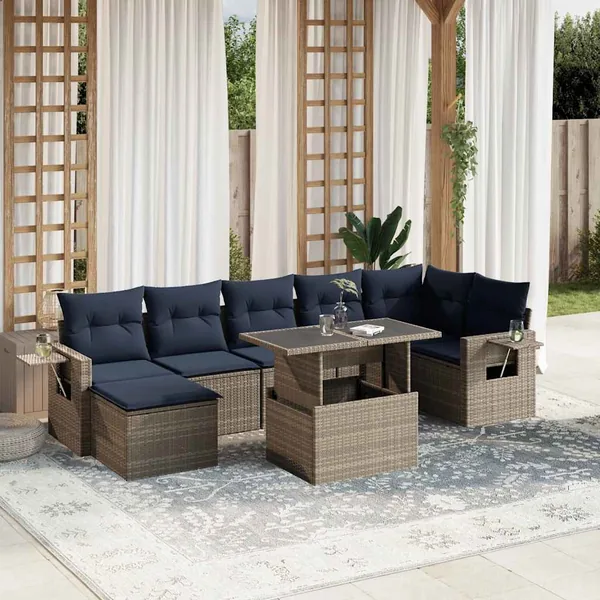 Ensemble de canapé de jardin 8 pcs avec coussins gris résine tressée