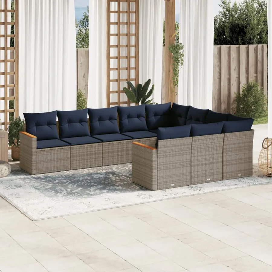 Ensemble de canapé de jardin 10 pcs avec coussins gris résine tressée