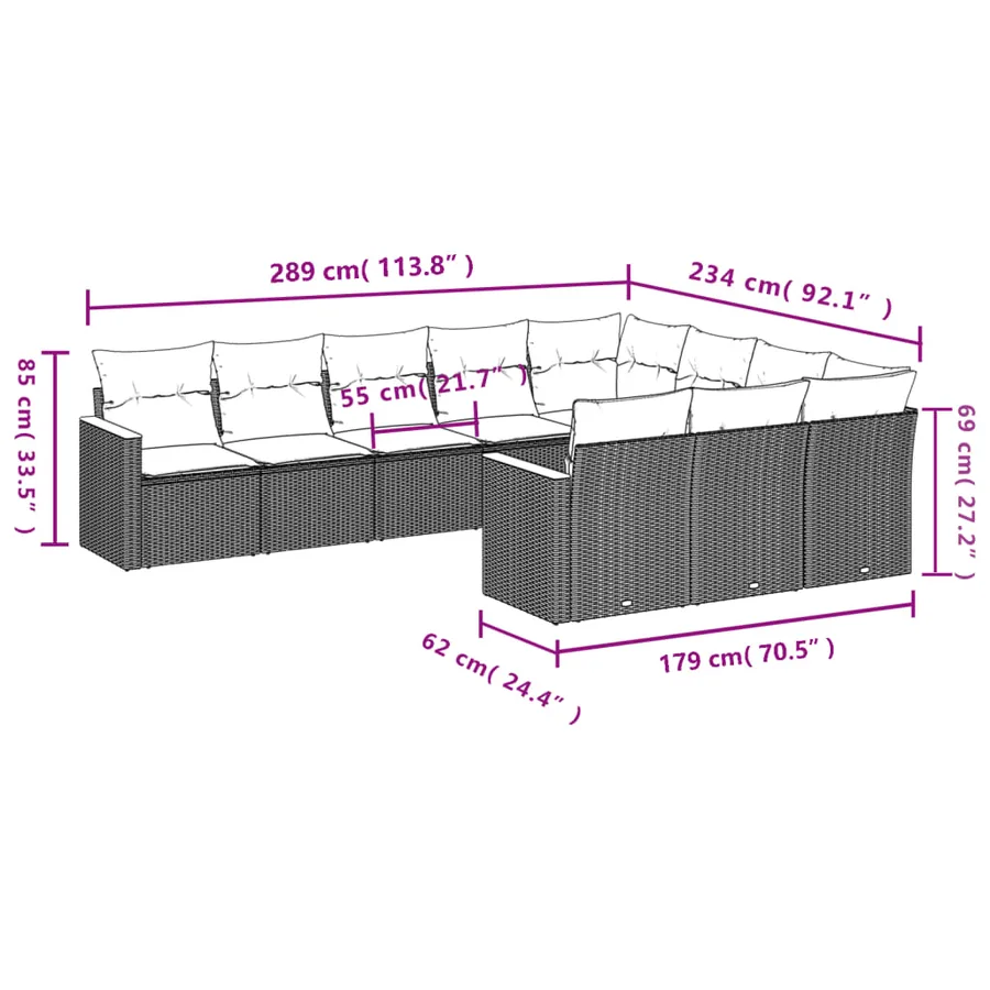 Ensemble de canapé de jardin 10 pcs avec coussins gris résine tressée - 7