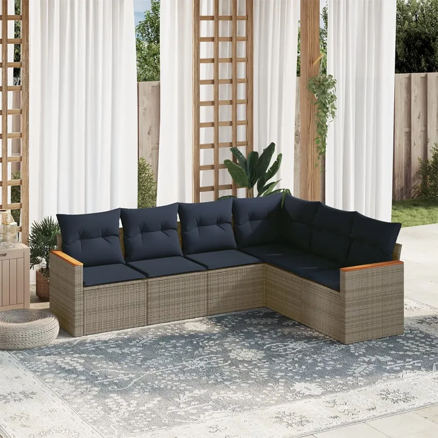 Ensemble de canapé de jardin 6 pcs avec coussins gris résine tressée