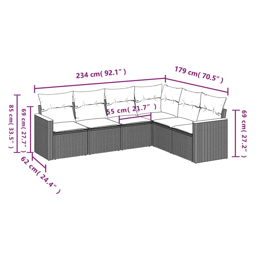 Ensemble de canapé de jardin 6 pcs avec coussins gris résine tressée - 7