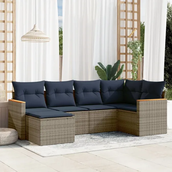 Ensemble de canapé de jardin 6 pcs avec coussins gris résine tressée