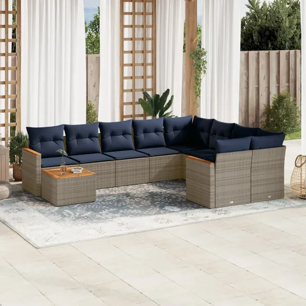 Ensemble de canapé de jardin 10 pcs avec coussins gris résine tressée