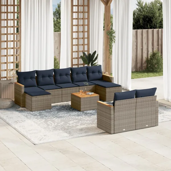 Ensemble de canapé de jardin 10 pcs avec coussins gris résine tressée