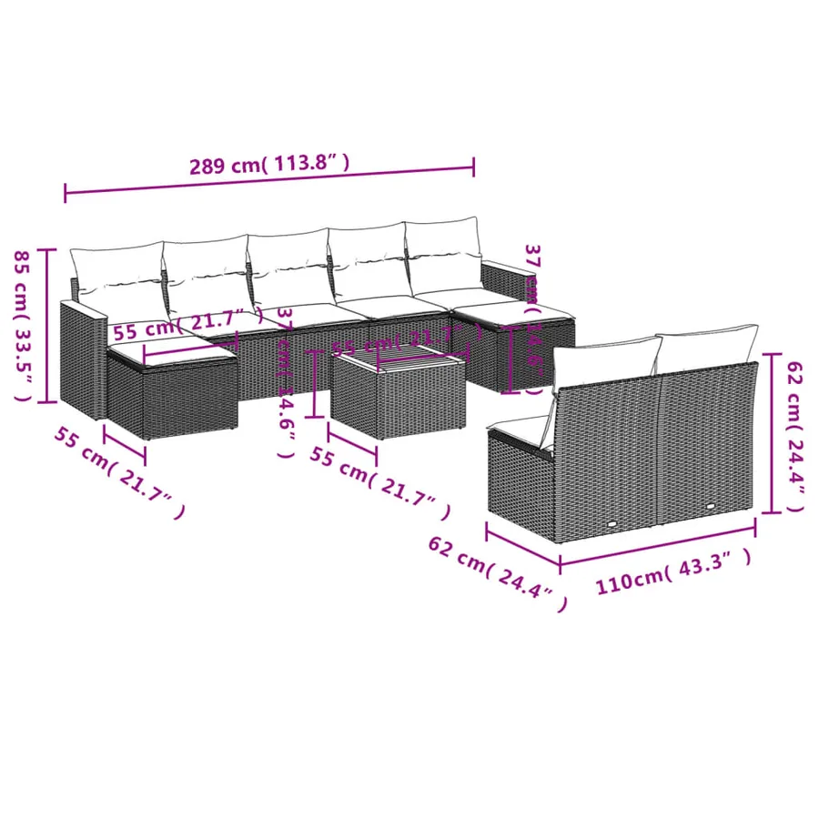 Ensemble de canapé de jardin 10 pcs avec coussins gris résine tressée - 9