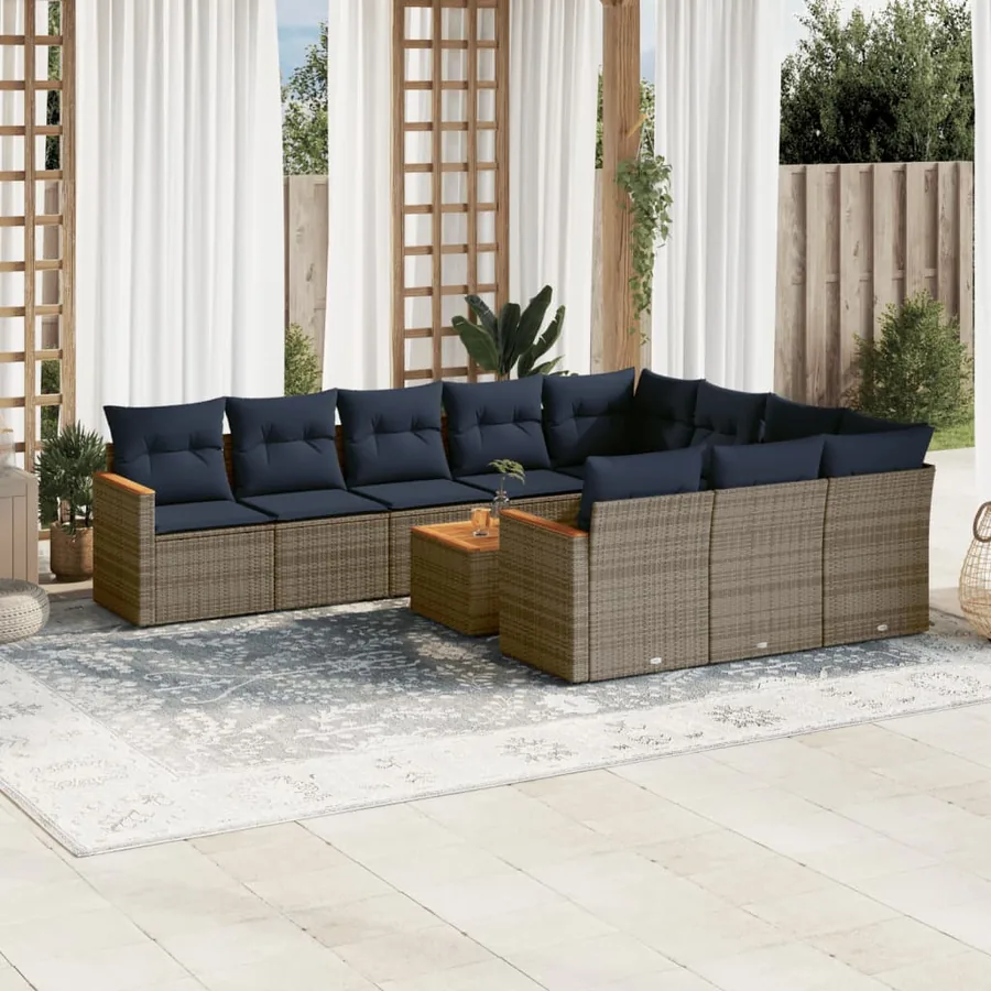 Ensemble de canapé de jardin 11 pcs avec coussins gris résine tressée