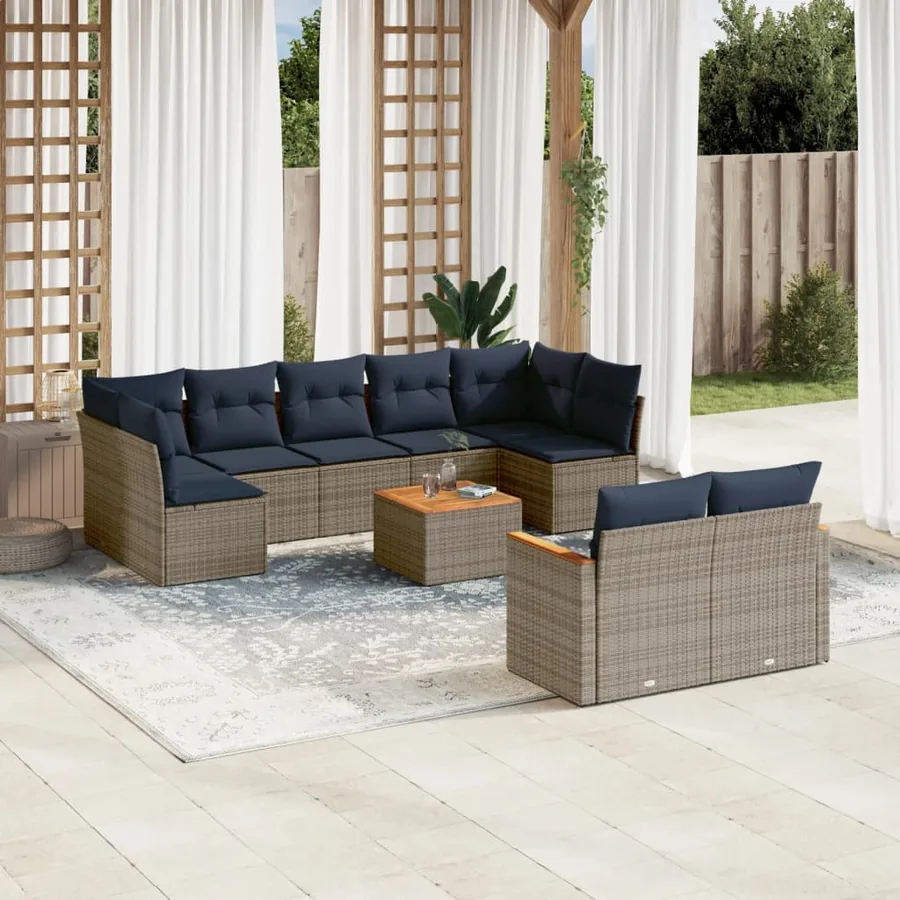 Ensemble de canapé de jardin 10 pcs avec coussins gris résine tressée