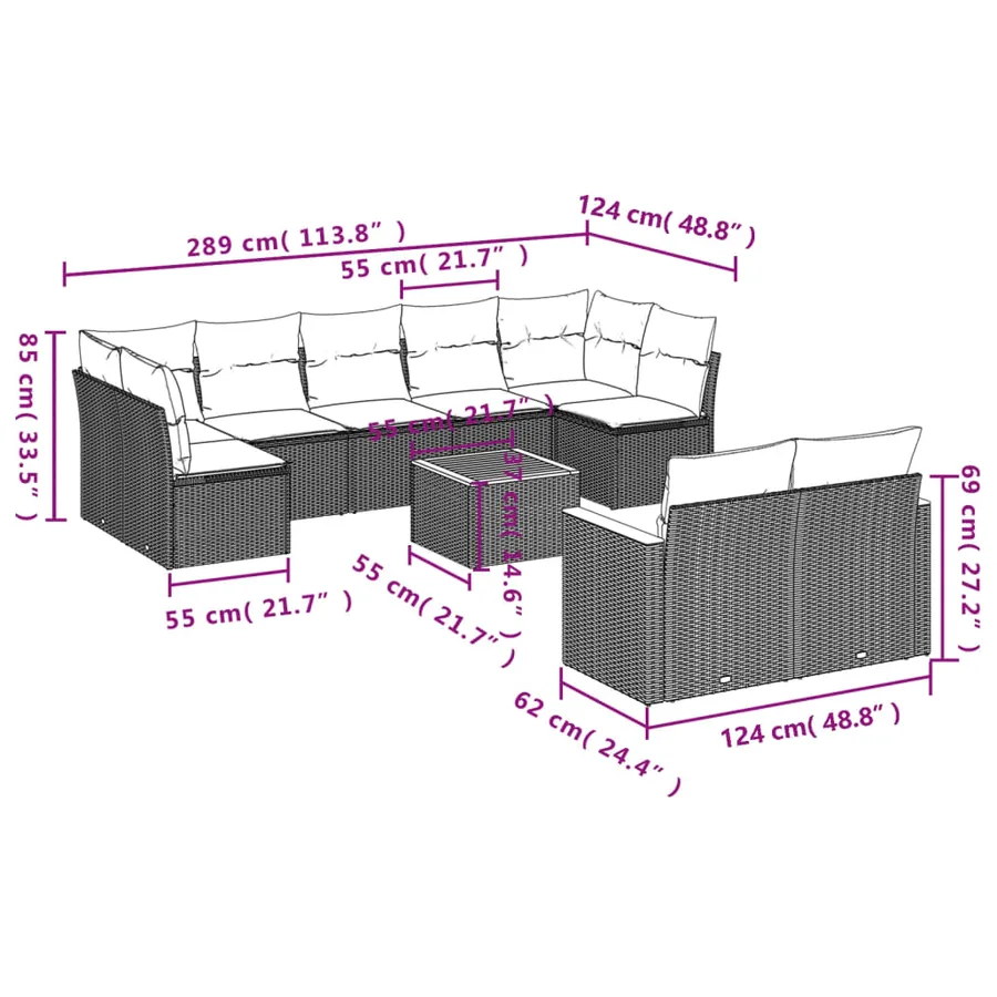 Ensemble de canapé de jardin 10 pcs avec coussins gris résine tressée - 8