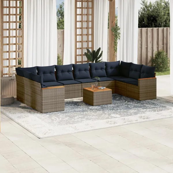 Ensemble de canapé de jardin 11 pcs avec coussins gris résine tressée