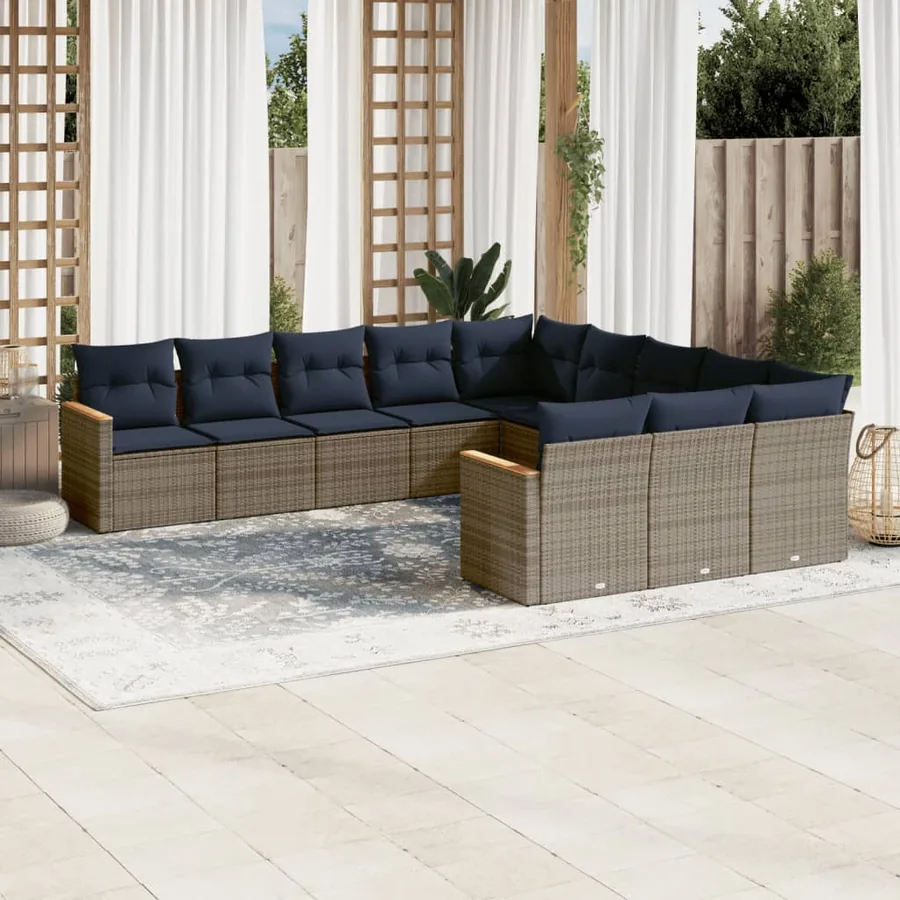 Ensemble de canapé de jardin 11 pcs avec coussins gris résine tressée