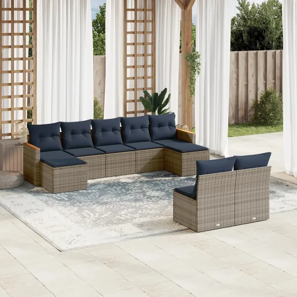 Ensemble de canapé de jardin 9 pcs avec coussins gris résine tressée