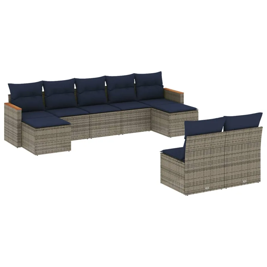 Ensemble de canapé de jardin 9 pcs avec coussins gris résine tressée - 2