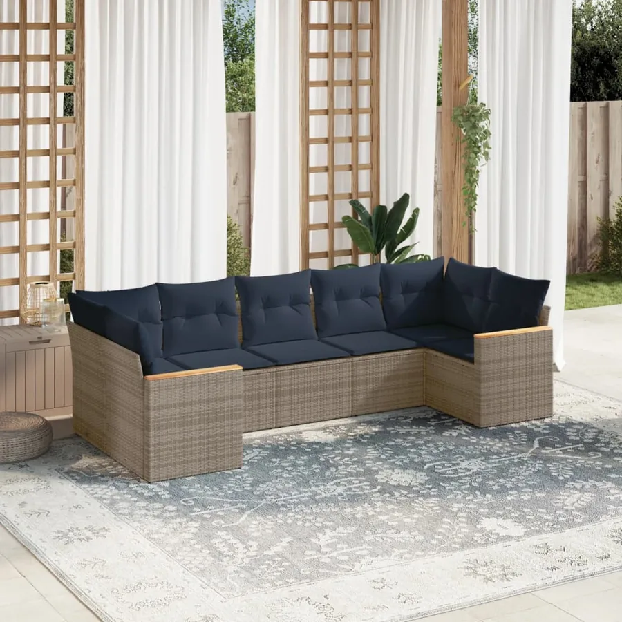 Ensemble de canapé de jardin 7 pcs avec coussins gris résine tressée