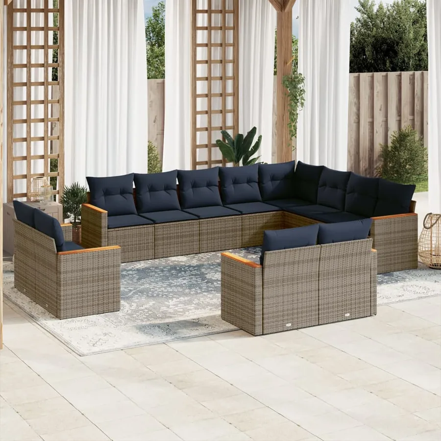 Ensemble de canapé de jardin 12 pcs avec coussins gris résine tressée