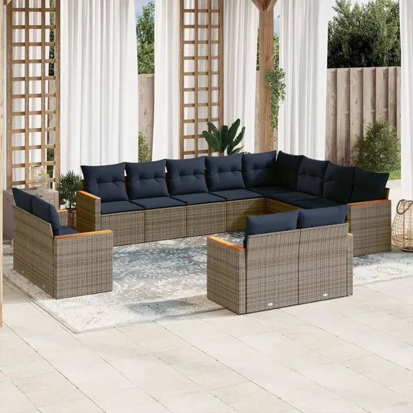 Ensemble de canapé de jardin 12 pcs avec coussins gris résine tressée