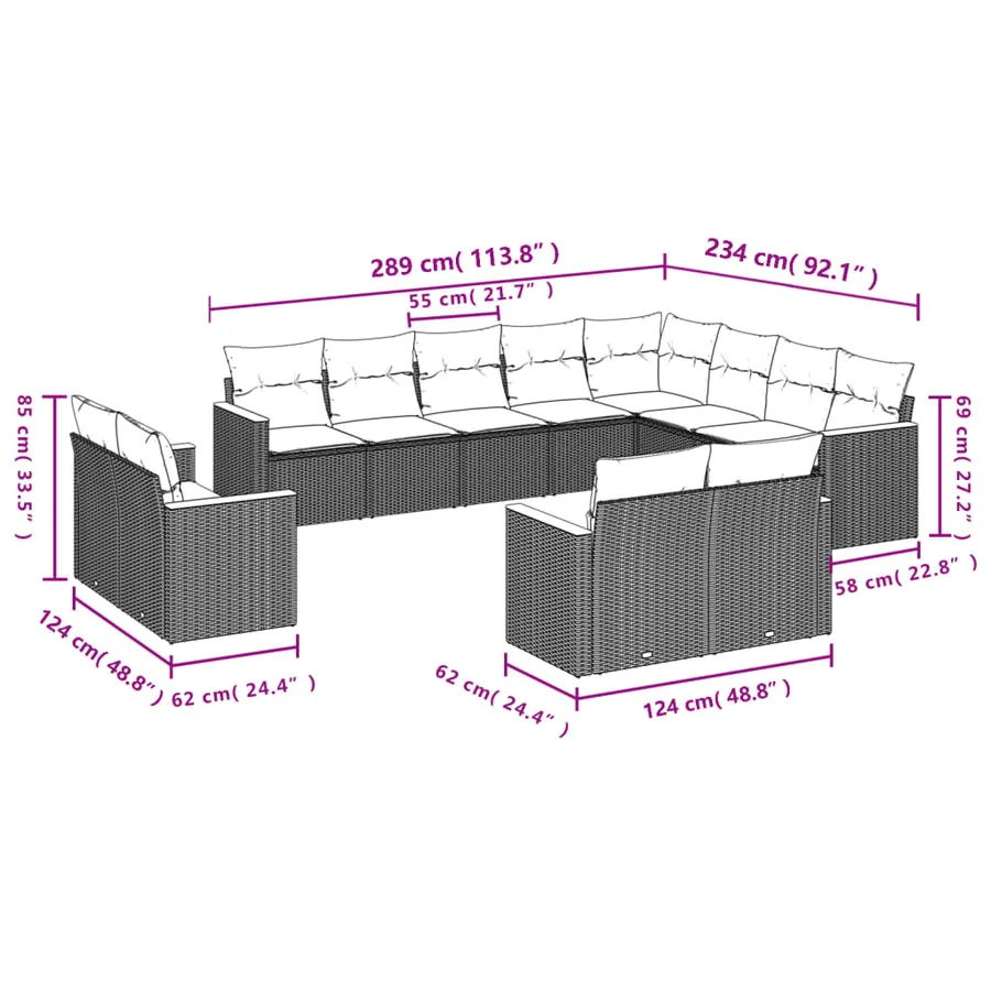Ensemble de canapé de jardin 12 pcs avec coussins gris résine tressée - 7