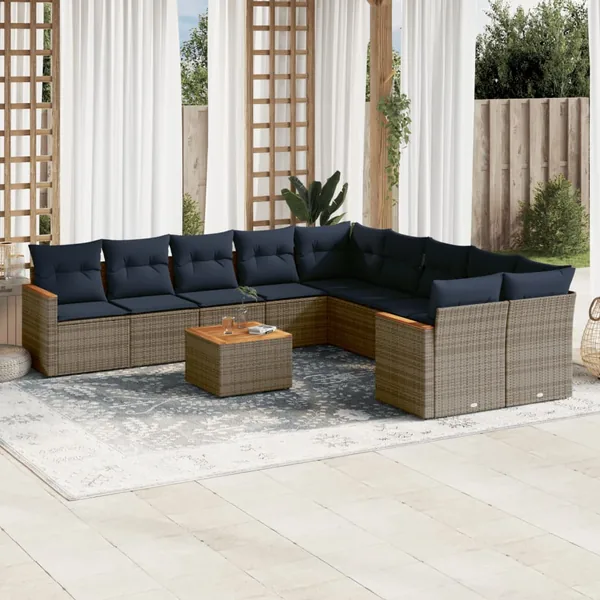 Ensemble de canapé de jardin 11 pcs avec coussins gris résine tressée