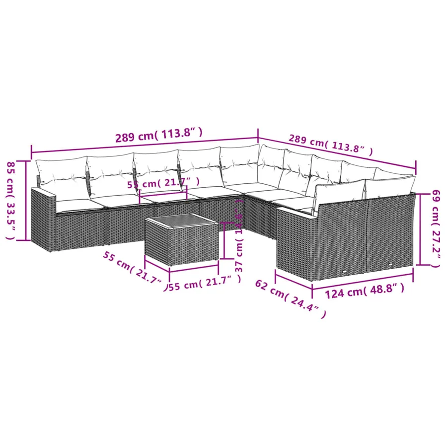 Ensemble de canapé de jardin 11 pcs avec coussins gris résine tressée - 8