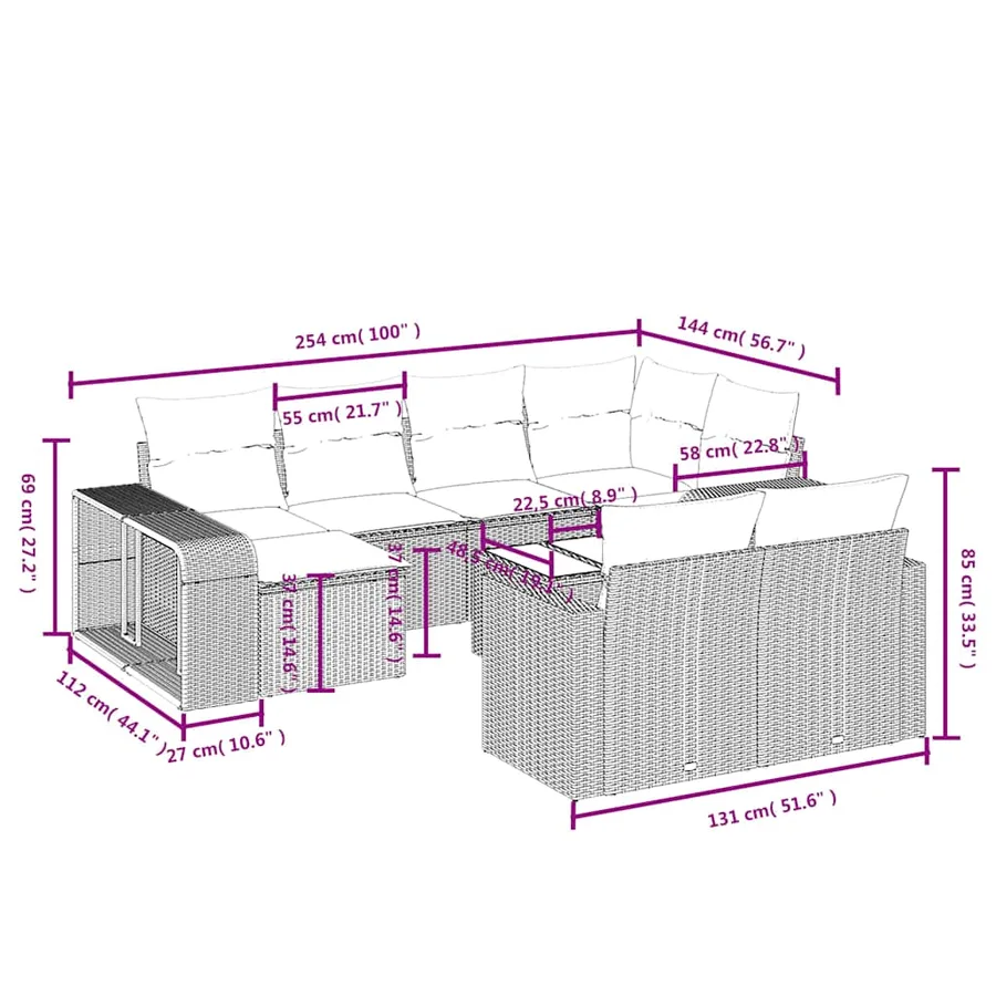 Ensemble de canapé de jardin 11 pcs avec coussins gris résine tressée - 10