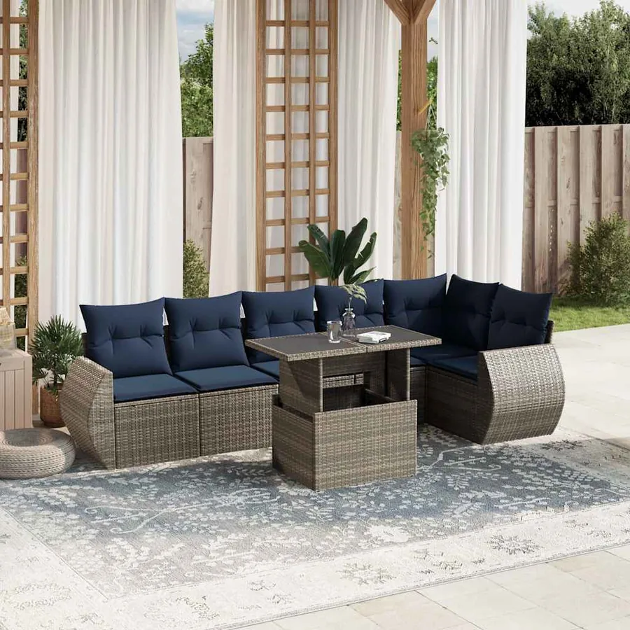 Ensemble de canapé de jardin 7 pcs avec coussins gris résine tressée