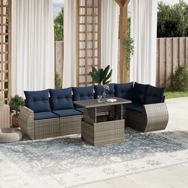 Ensemble de canapé de jardin 7 pcs avec coussins gris résine tressée