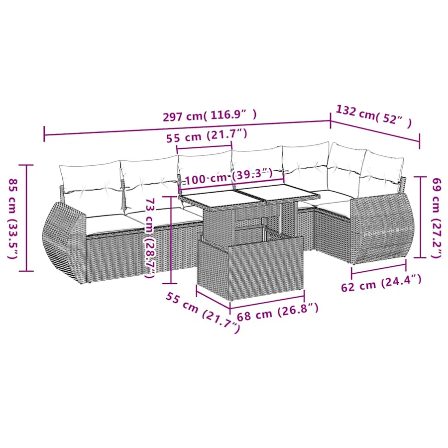 Ensemble de canapé de jardin 7 pcs avec coussins gris résine tressée - 10