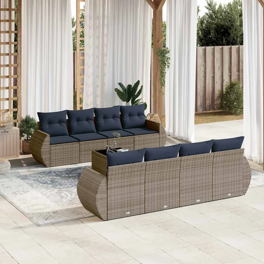 Ensemble de canapé de jardin 9 pcs avec coussins gris résine tressée