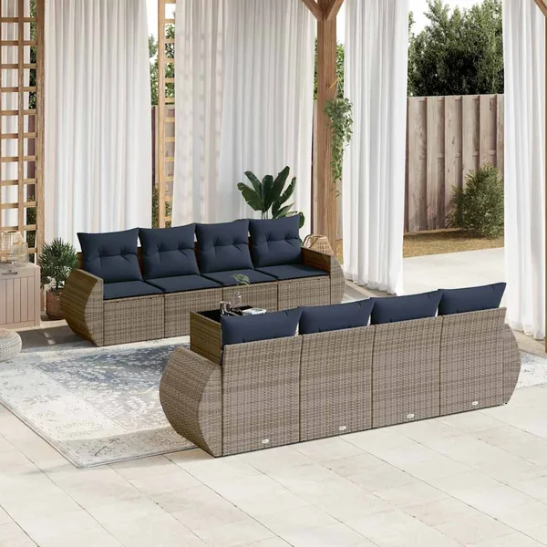 Ensemble de canapé de jardin 9 pcs avec coussins gris résine tressée