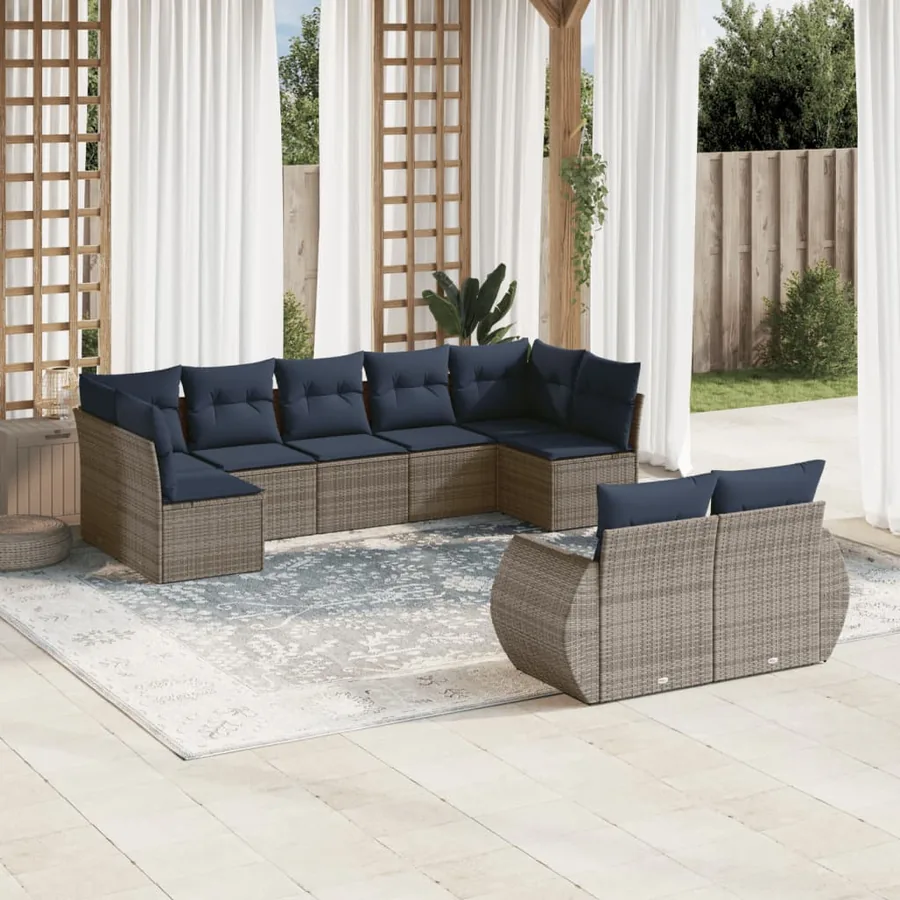 Ensemble de canapé de jardin 9 pcs avec coussins gris résine tressée