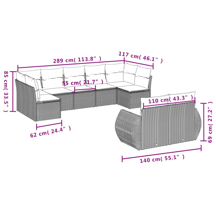 Ensemble de canapé de jardin 9 pcs avec coussins gris résine tressée - 7