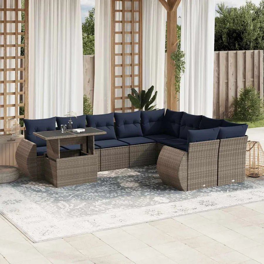 Ensemble de canapé de jardin 10 pcs avec coussins gris résine tressée