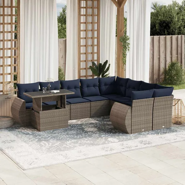 Ensemble de canapé de jardin 10 pcs avec coussins gris résine tressée