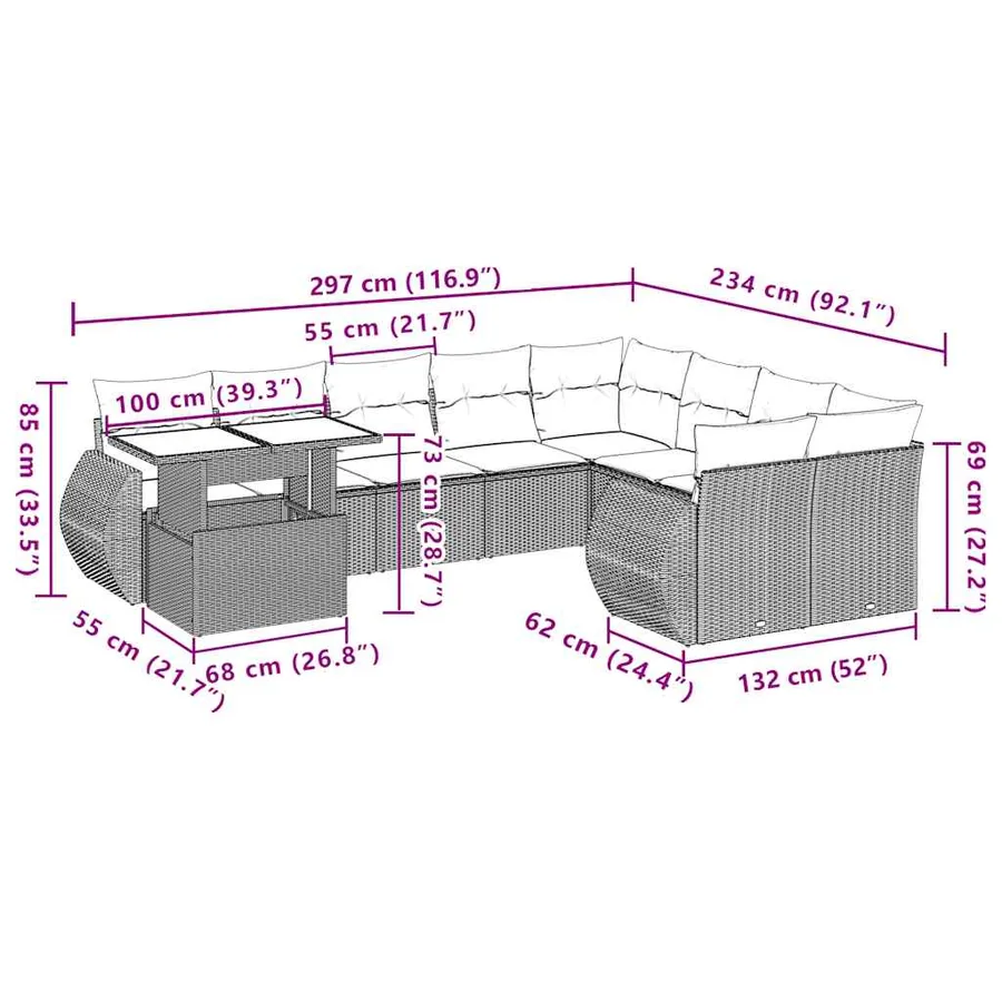 Ensemble de canapé de jardin 10 pcs avec coussins gris résine tressée - 10