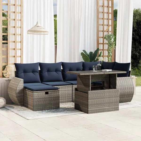 Ensemble de canapé de jardin 7 pcs avec coussins gris résine tressée