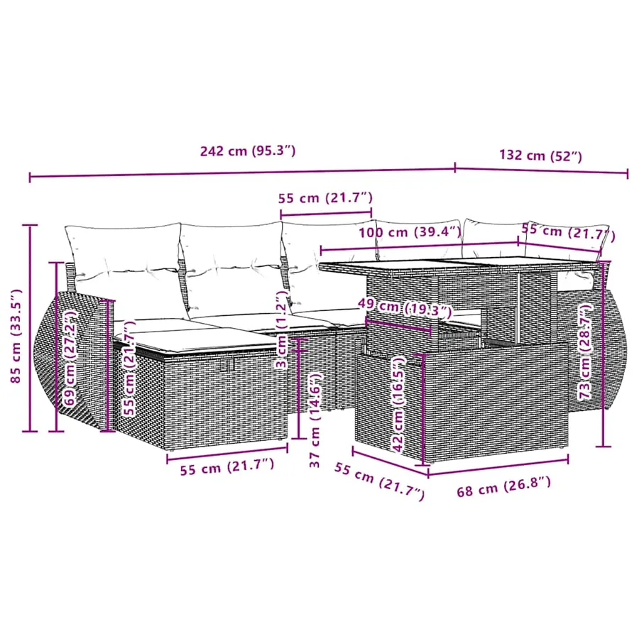 Ensemble de canapé de jardin 7 pcs avec coussins gris résine tressée - 13