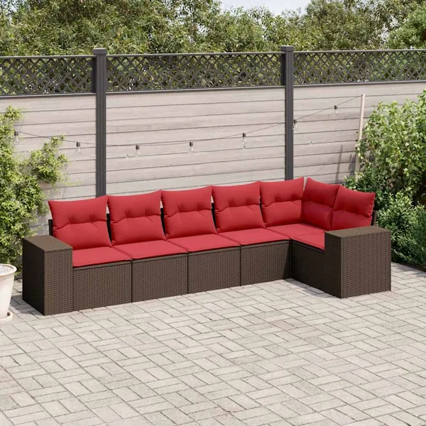 Ensemble de canapé de jardin 6 pcs avec coussins marron résine tressée