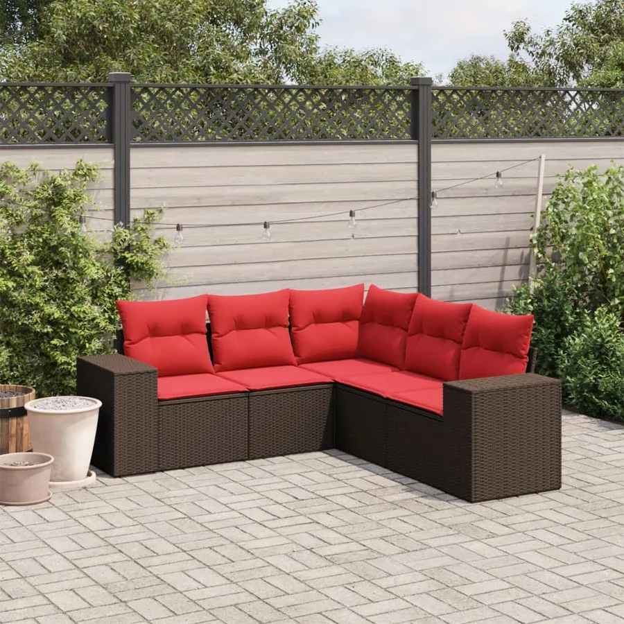 Ensemble de canapé de jardin 5 pcs avec coussins marron résine tressée