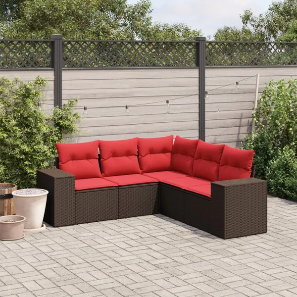 Ensemble de canapé de jardin 5 pcs avec coussins marron résine tressée