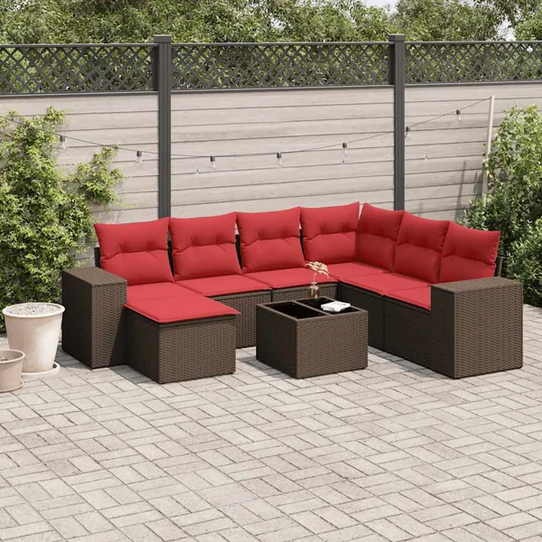 Ensemble de canapé de jardin 8 pcs avec coussins marron résine tressée