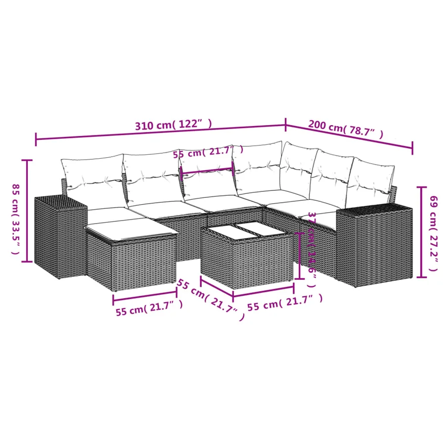 Ensemble de canapé de jardin 8 pcs avec coussins marron résine tressée - 9