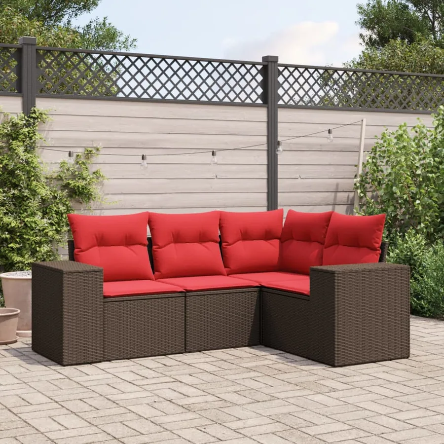 Ensemble de canapé de jardin 4 pcs avec coussins marron résine tressée