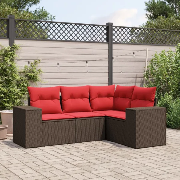 Ensemble de canapé de jardin 4 pcs avec coussins marron résine tressée