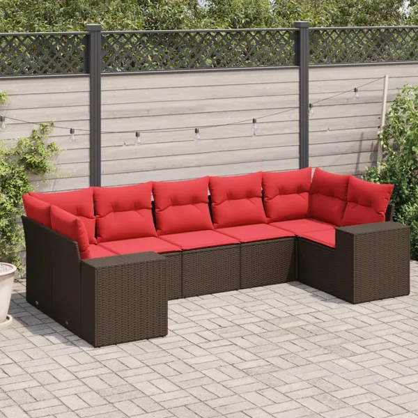 Ensemble de canapé de jardin 7 pcs avec coussins marron résine tressée