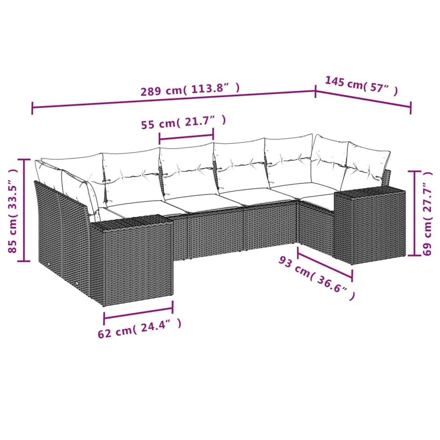Ensemble de canapé de jardin 7 pcs avec coussins marron résine tressée - 7