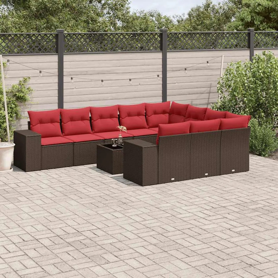 Ensemble de canapé de jardin 11 pcs avec coussins marron résine tressée